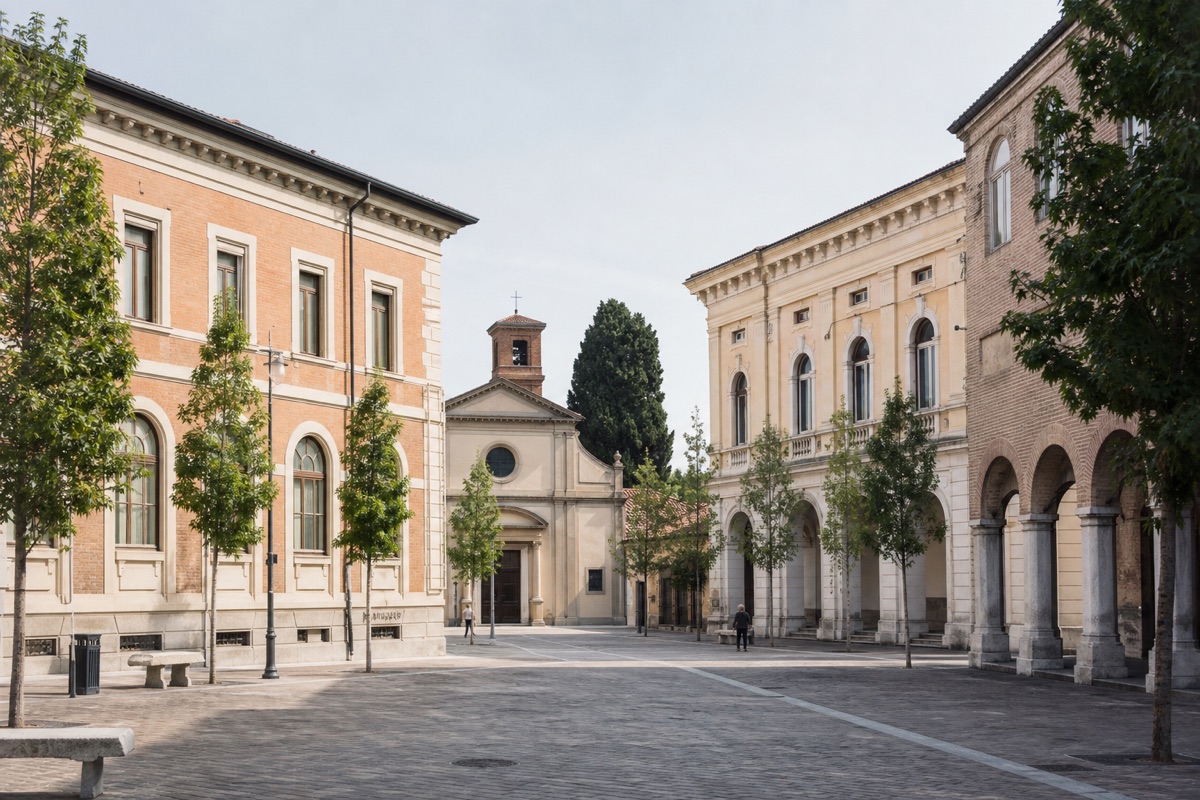 Edifici pubblici e collettivi attorno a una piazza italiana, rappresentativi del gruppo catastale B